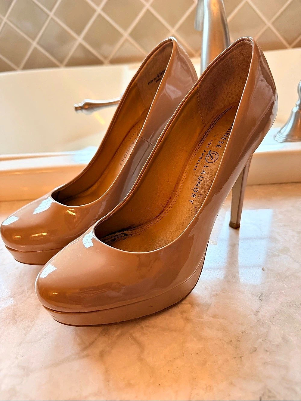 Chinese Laundry Patent Platform Heels in Tan